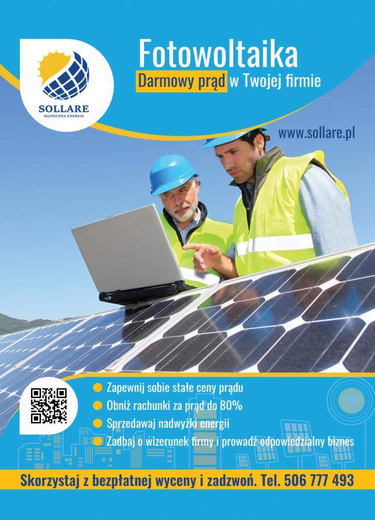 Grafika reklamowa: Dwóch mężczyzn w kaskach i kamizelkach odblaskowych sprawdza panele słoneczne za pomocą laptopa. W tle błękitne niebo. Na grafice logo firmy Sollare oraz hasła reklamowe.