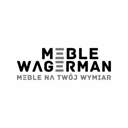 Minimalistyczne logo firmy meblarskiej Wagerman, z hasłem 'Meble na Twój Wymiar' w szarym kolorze, na białym tle. Wyróżniające się litery i poziome linie.
