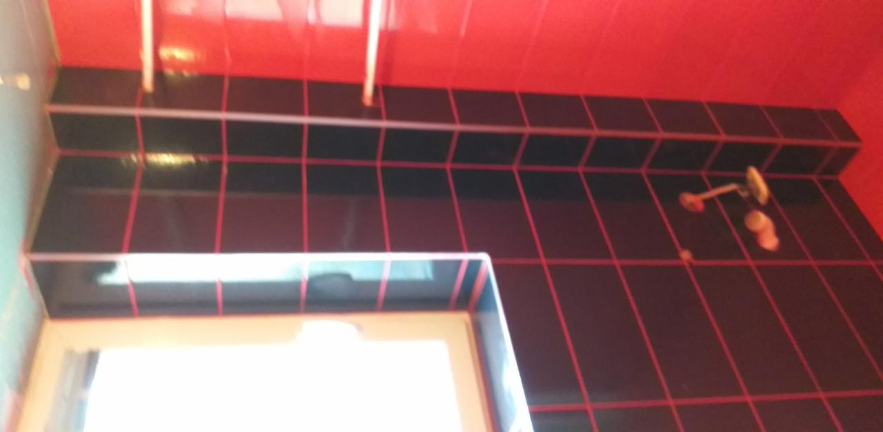 Czerwono-czarna łazienka z czarnymi płytkami i czerwoną fugą, widoczny fragment okna i słuchawka prysznicowa.