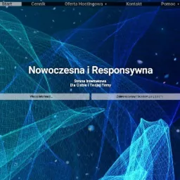 Nowoczesny interfejs strony internetowej z abstrakcyjnym tłem w odcieniach błękitu i turkusu, prezentujący hasło 'Nowoczesna i Responsywna' oraz przyciski 'Więcej informacji' i 'Zainteresowany?