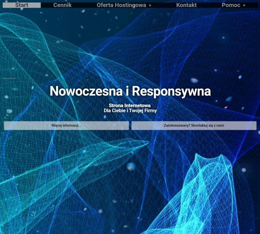 Nowoczesny interfejs strony internetowej z abstrakcyjnym tłem w odcieniach błękitu i turkusu, prezentujący hasło 'Nowoczesna i Responsywna' oraz przyciski 'Więcej informacji' i 'Zainteresowany?