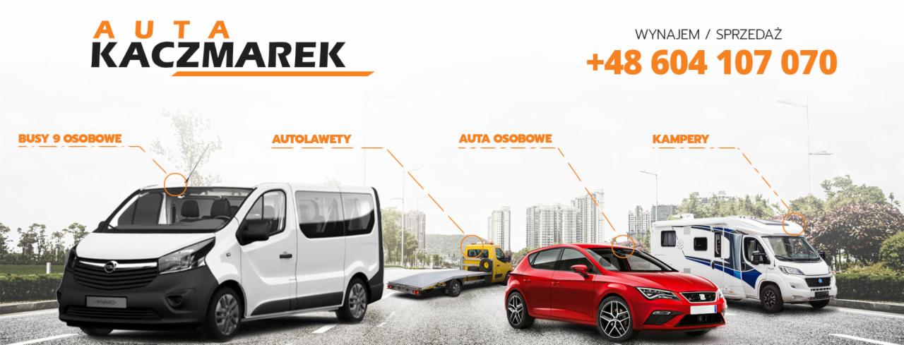 Zestawienie wizualne: biały bus 9-osobowy Vivaro, autolaweta z żółtą lawetą, czerwone auto osobowe i biały kamper na tle miejskiego krajobrazu, z nazwą firmy 'AUTA KACZMAREK' i numerem telefonu u...