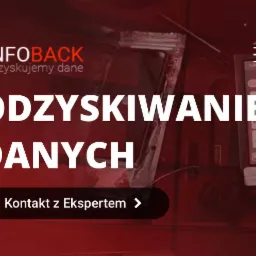 Grafika reklamowa firmy INFO BACK z hasłem 'odzyskiwanie danych', prezentująca wnętrze urządzenia elektronicznego i panel kontrolny.