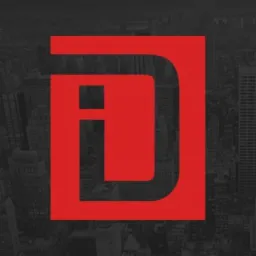 Czerwone logo z literą 'D' w kwadracie na tle panoramy miasta, sugerujące usługi detektywistyczne lub korporacyjne.