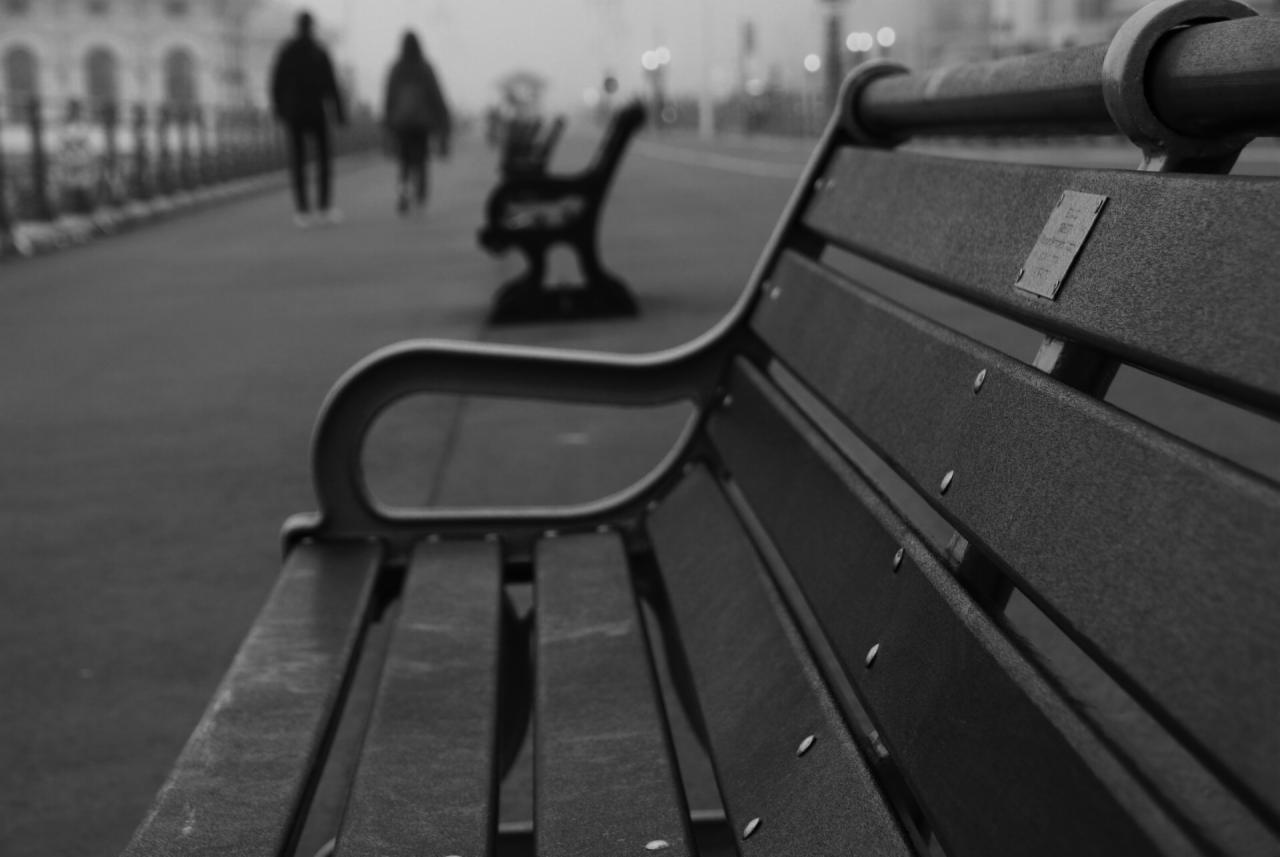 Czarno-białe zdjęcie ławki parkowej z metalową tabliczką, z widokiem na promenadę i oddalające się sylwetki ludzi w tle.