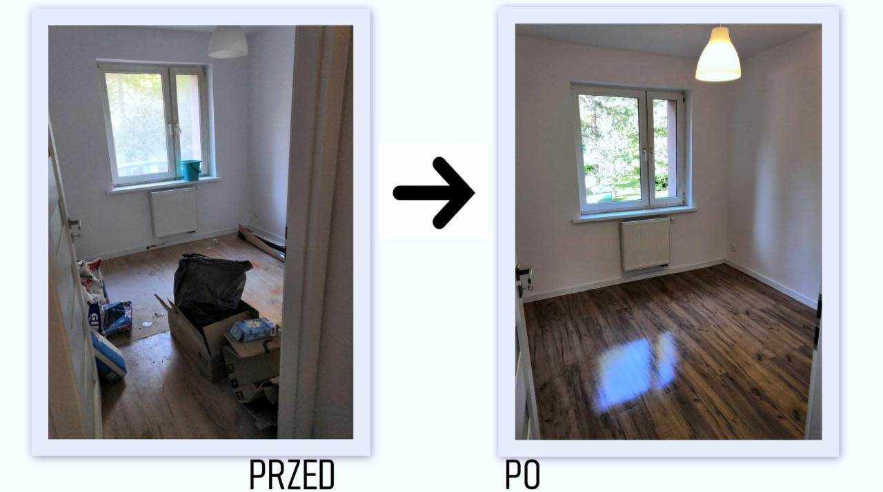 Porównanie pokoju przed i po: bałagan z kartonami i workiem na śmieci kontra wysprzątane pomieszczenie z drewnianą podłogą i czystymi ścianami.