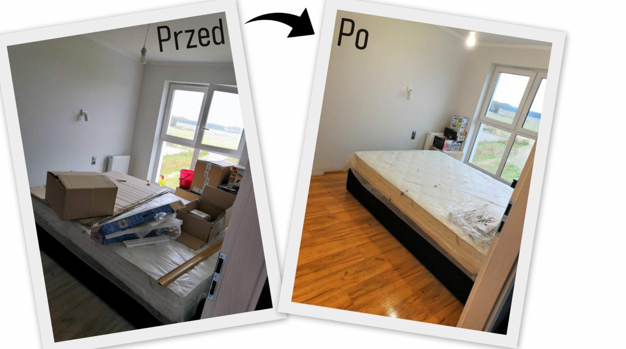 Pokój przed i po: zagracone łóżko otoczone kartonami i narzędziami, a następnie to samo łóżko posprzątane z widoczną podłogą.
