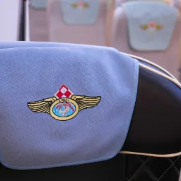 Błękitny pokrowiec na zagłówek fotela z wyhaftowanym logo lotniczym, wykonany w Tyczynie.