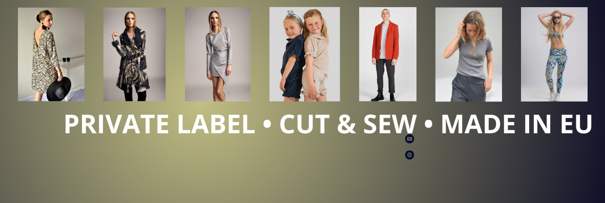 Kolaż zdjęć prezentujący różnorodne ubrania: sukienki, płaszcze, komplety dla dzieci i dorosłych. Produkcja odzieży w Pabianicach. Private label, cut & sew, made in EU.