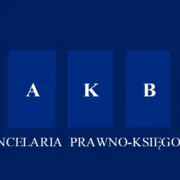 Logo Kancelarii Prawno-Księgowej AKB Adrian Bednarski: trzy pionowe, granatowe prostokąty z białymi literami A, K, B, poniżej napis KANCELARIA PRAWNO-KSIĘGOWA w kolorze białym, na granatowym tle.