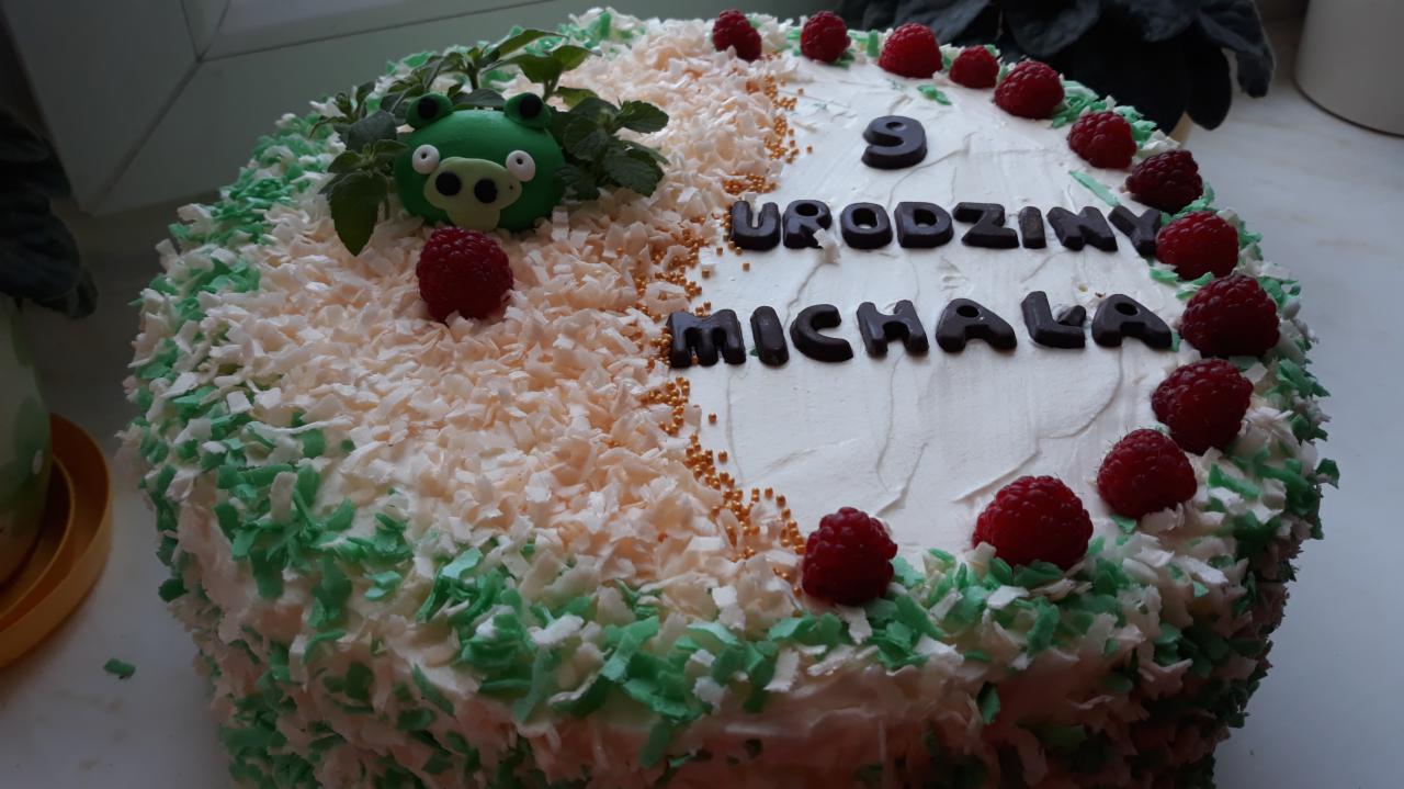 Tort urodzinowy z napisem '9 Urodziny Michała', udekorowany malinami, wiórkami kokosowymi, zielonymi elementami i figurką świnki z Angry Birds.