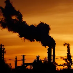 Sylwetka kompleksu przemysłowego z kominami wypuszczającymi ciemny dym na tle pomarańczowego nieba o zmierzchu.
