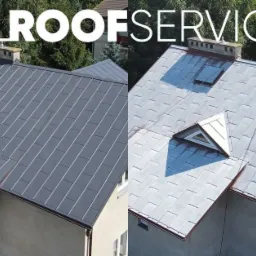 Porównanie dachu przed i po czyszczeniu: po lewej stronie ciemnoszary, po prawej jaśniejszy, srebrzysty, widoczne okna dachowe i komin.