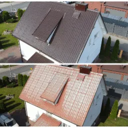 Porównanie dachu przed i po: dachówka trapezowa w kolorze brązowym po renowacji, widok z góry, z otwartym oknem dachowym.
