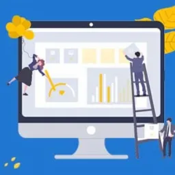 Ilustracja przedstawia zespół pracujący nad interfejsem strony internetowej wyświetlanej na dużym monitorze, z osobami dodającymi elementy i analizującymi dane.