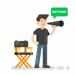 Kreskówkowa ilustracja reżysera filmowego z megafonem i krzesłem reżyserskim, z dymkiem z napisem 'ACTION!'