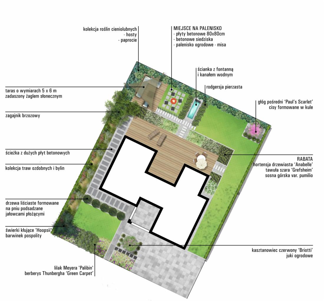 Projekt zagospodarowania ogrodu z tarasem, paleniskiem, rabatą i ścieżkami, uwzględniający kolekcje roślin cieniolubnych, traw ozdobnych i bylin, drzewa liściaste formowane na pniu oraz świerki...