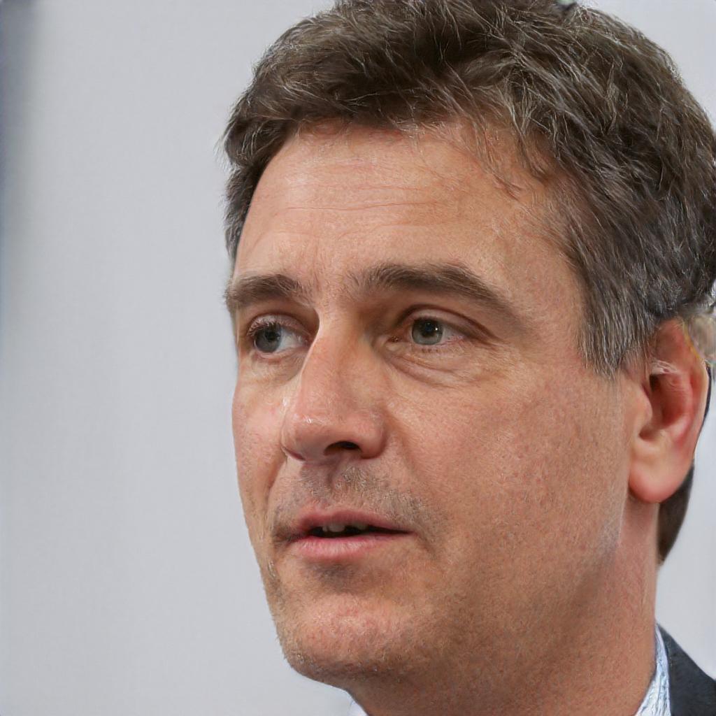 Portret mężczyzny w średnim wieku, z krótkimi, siwiejącymi włosami, spoglądającego w lewo, na jasnym tle.