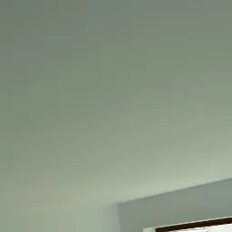 Jasne, świeżo pomalowane wnętrze z dwoma oknami. Przez okna widoczna zieleń i siatka do koszykówki. Minimalistyczny styl wykończenia.