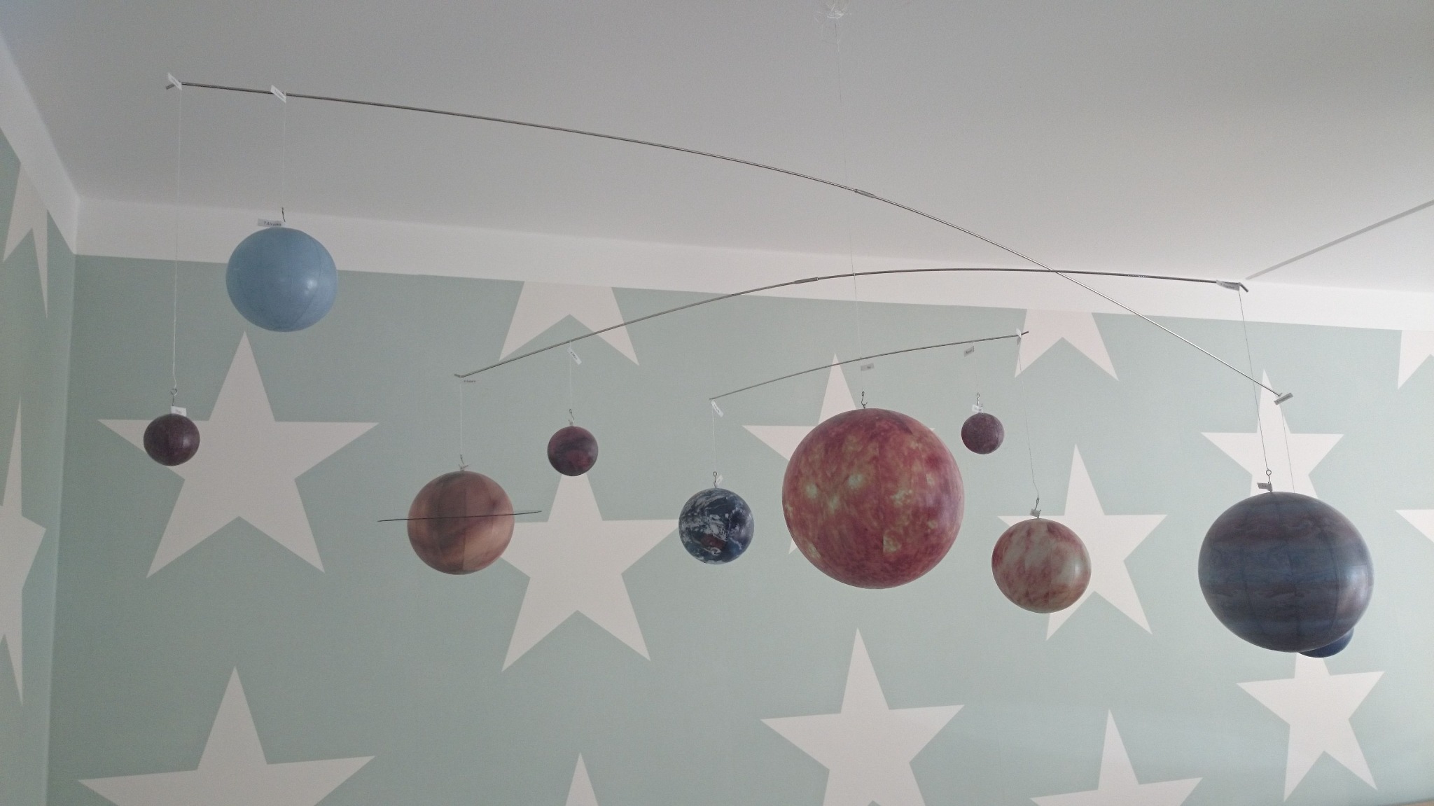 Pokój dziecięcy z dekoracyjnym, podwieszanym modelem Układu Słonecznego na tle ściany w białe gwiazdy na błękitnym tle.