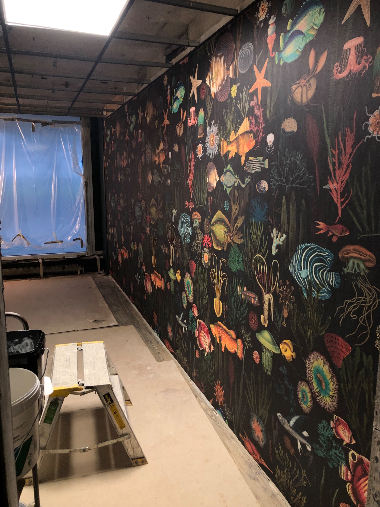 Ściana pokryta wzorzystą tapetą z motywami morskimi w trakcie remontu; widoczna drabina malarska i wiadro z farbą, okno zabezpieczone folią malarską.