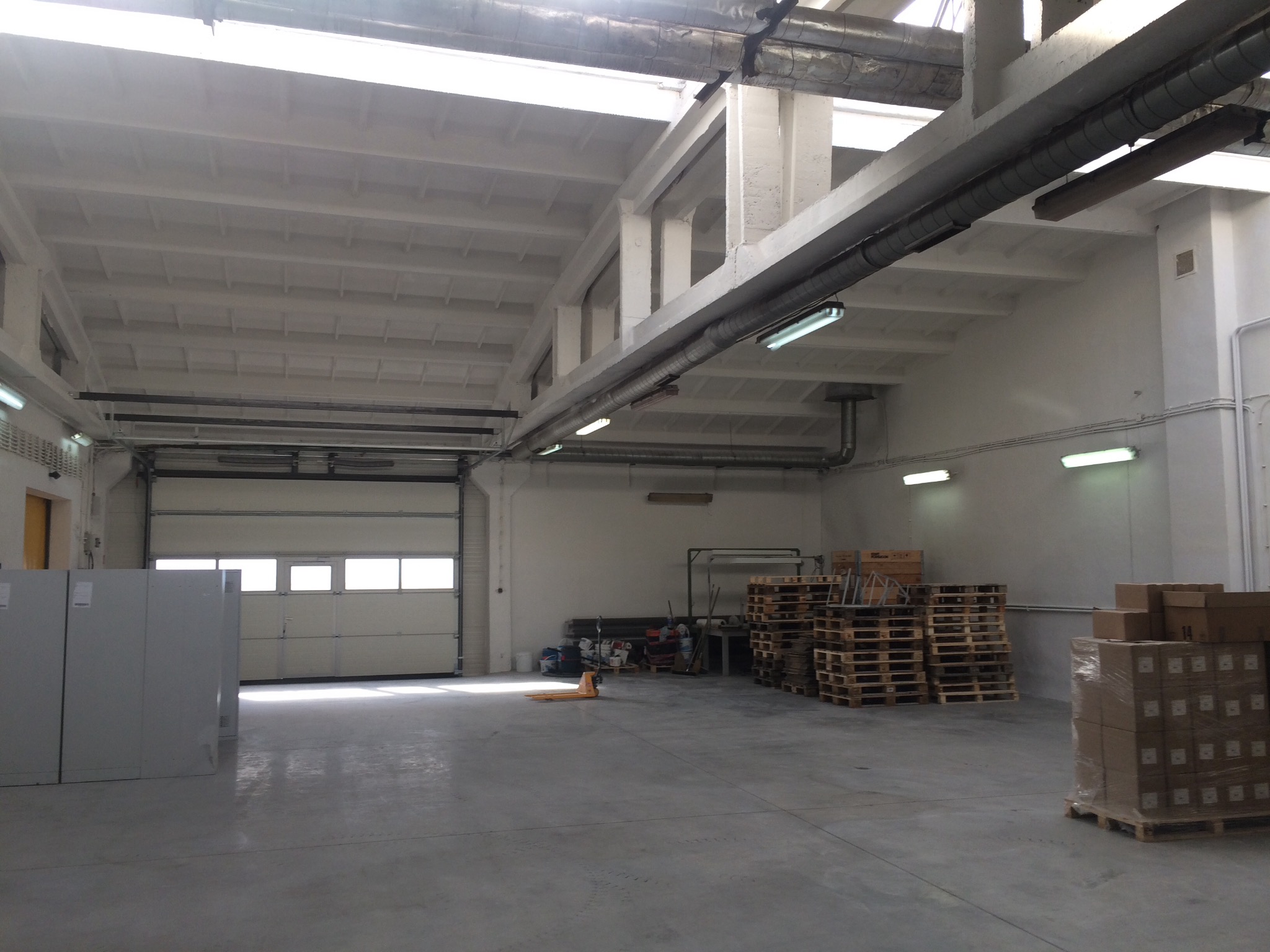 Przestronne wnętrze magazynu z betonową podłogą, widoczne palety, wózki widłowe oraz metalowe szafy, oświetlone naturalnym światłem wpadającym przez okna w bramie wjazdowej.