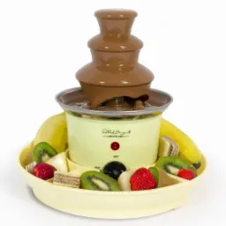 Fontanna czekoladowa z owocami (banany, kiwi, truskawki) i waflowymi ciasteczkami wokół podstawy, ustawiona na białym tle.