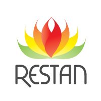 Grafika wektorowa przedstawiająca logo firmy z abstrakcyjnym motywem kwiatowym w kolorach czerwonym, pomarańczowym, żółtym i zielonym, umieszczonym nad napisem 'RESTAN' w kolorze szarym.