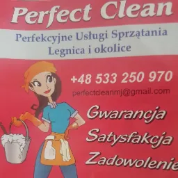 Reklama firmy 'Perfect Clean' z Legnicy oferującej usługi sprzątania, prezentująca rysunkową postać kobiety z wiadrem i mopem, obok numer telefonu i hasła 'Gwarancja, Satysfakcja, Zadowolenie'.