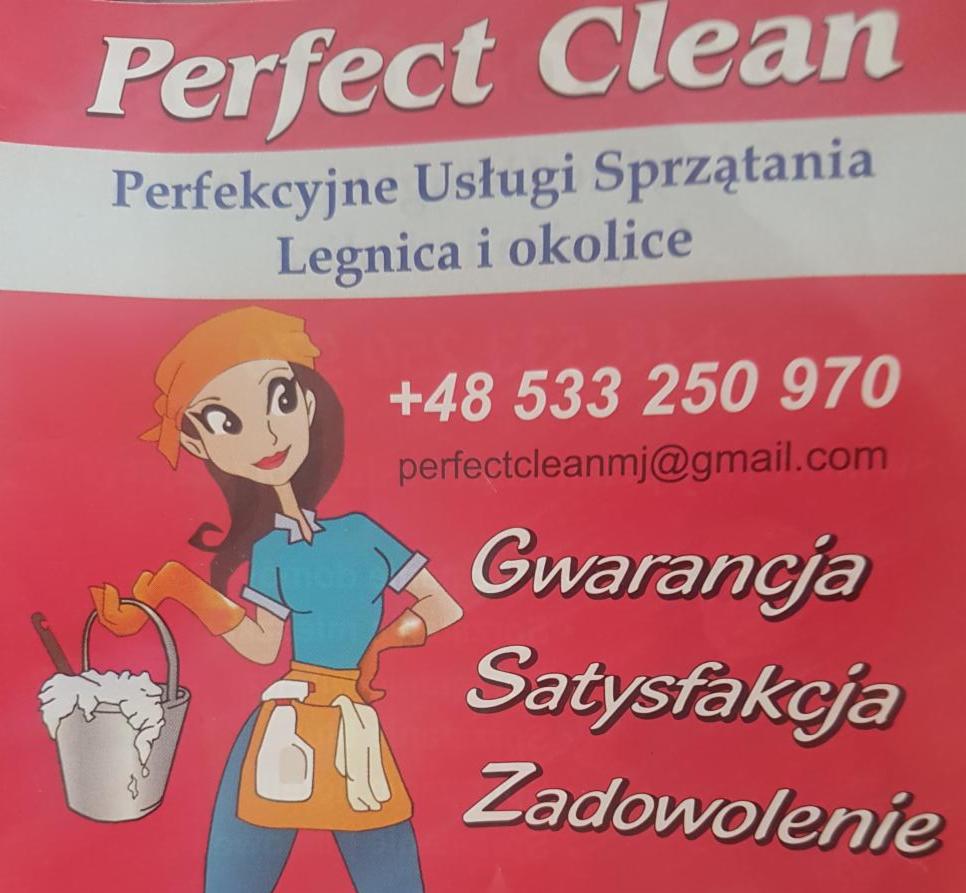 Reklama firmy 'Perfect Clean' z Legnicy oferującej usługi sprzątania, prezentująca rysunkową postać kobiety z wiadrem i mopem, obok numer telefonu i hasła 'Gwarancja, Satysfakcja, Zadowolenie'.