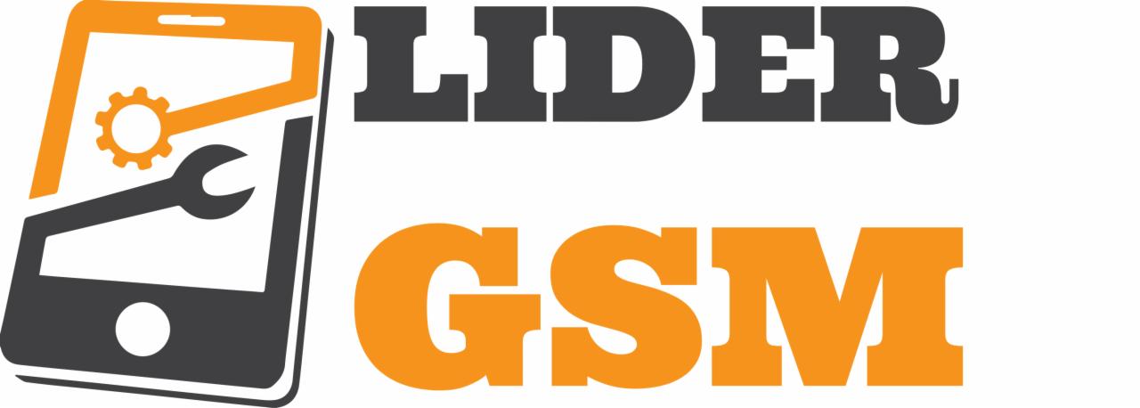 Logo firmy Lider GSM: Stylizowany telefon z narzędziem i zębatką w kolorach pomarańczowym i szarym, obok napis LIDER GSM.