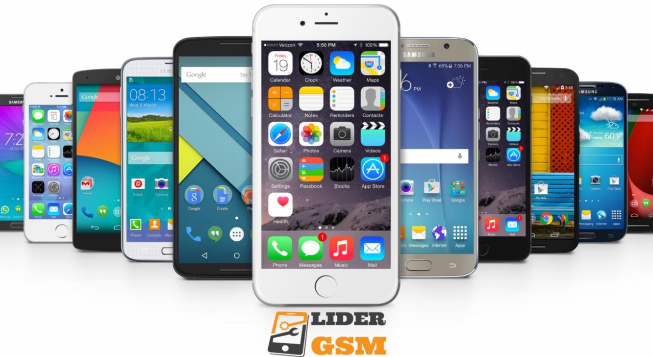 Rząd smartfonów różnych marek i modeli, z widocznymi ekranami głównymi, na białym tle, z logo firmy serwisowej Lider GSM na pierwszym planie.