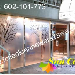 PPUH Sekret-foll - Szklane drzwi wejściowe do lokalu oklejone folią z motywem drzewa bez liści, widoczne logo firmy Sun Control i numer telefonu kontaktowego.