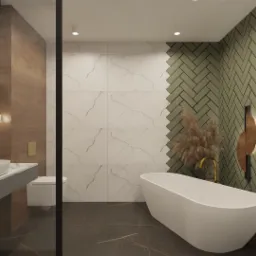 Wizualizacja łazienki z białą wanną wolnostojącą, umywalką nablatową na marmurowym blacie, zieloną mozaiką ułożoną w jodełkę oraz ręcznikami w odcieniu oliwkowym.