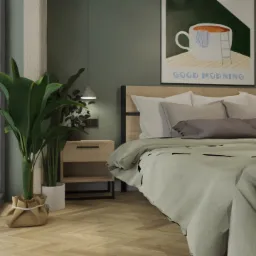 Nowoczesna sypialnia w odcieniach zieleni i beżu z parkietem w jodełkę, łóżkiem z drewnianym zagłówkiem, roślinami doniczkowymi i minimalistycznym plakatem 'Good Morning' nad łóżkiem.