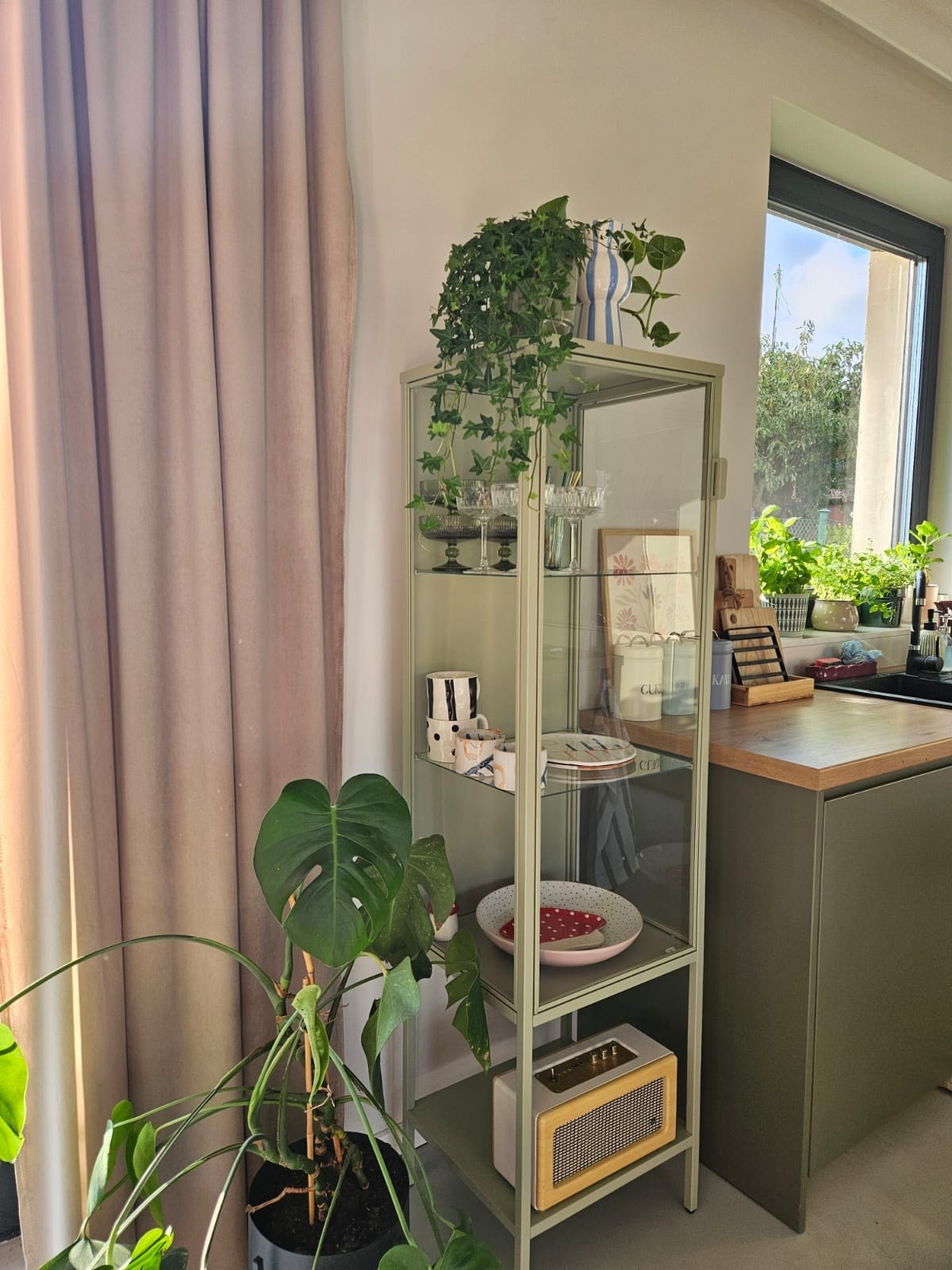 Jasna witryna z przeszkleniami, wypełniona dekoracyjnymi przedmiotami i roślinami, stoi obok okna z widokiem na zieleń i zasłoniętego okna, uzupełniona rośliną monstera w czarnej donicy.
