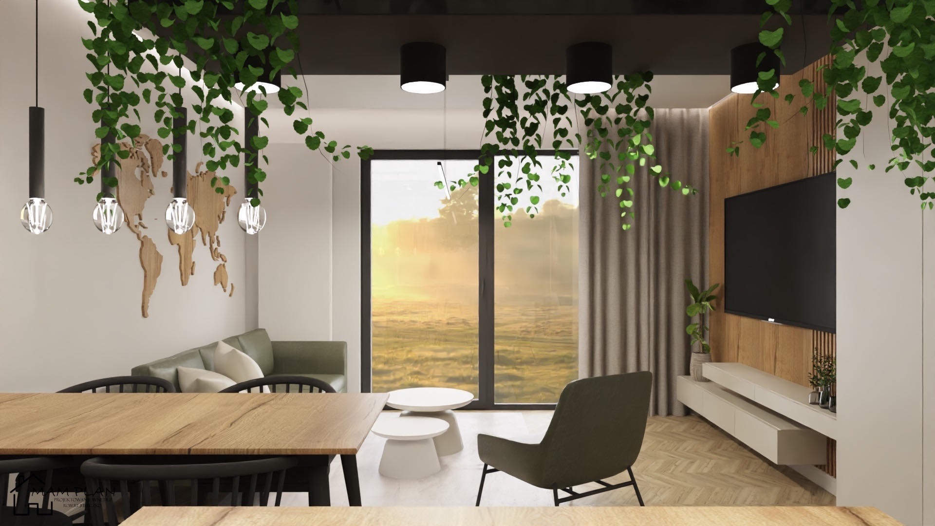 Wizualizacja salonu z drewnianym stołem, czarnymi krzesłami, zieloną sofą, drewnianą mapą świata na ścianie, telewizorem na drewnianej ścianie i wiszącymi roślinami, oświetlonego przez okno...