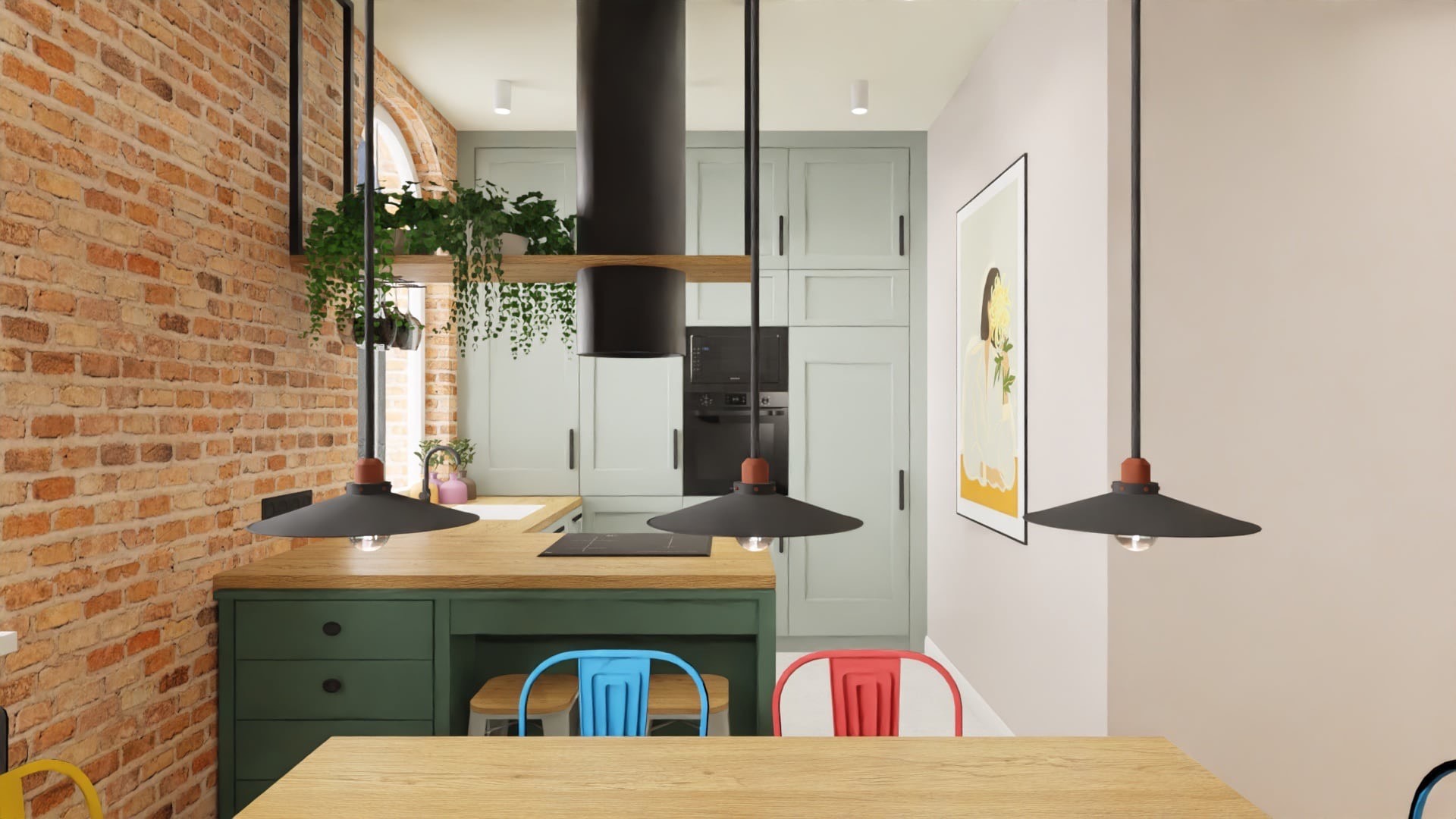 Wizualizacja kuchni z ceglaną ścianą, zielonymi szafkami, drewnianym blatem i trzema czarnymi lampami wiszącymi nad stołem z kolorowymi krzesłami.