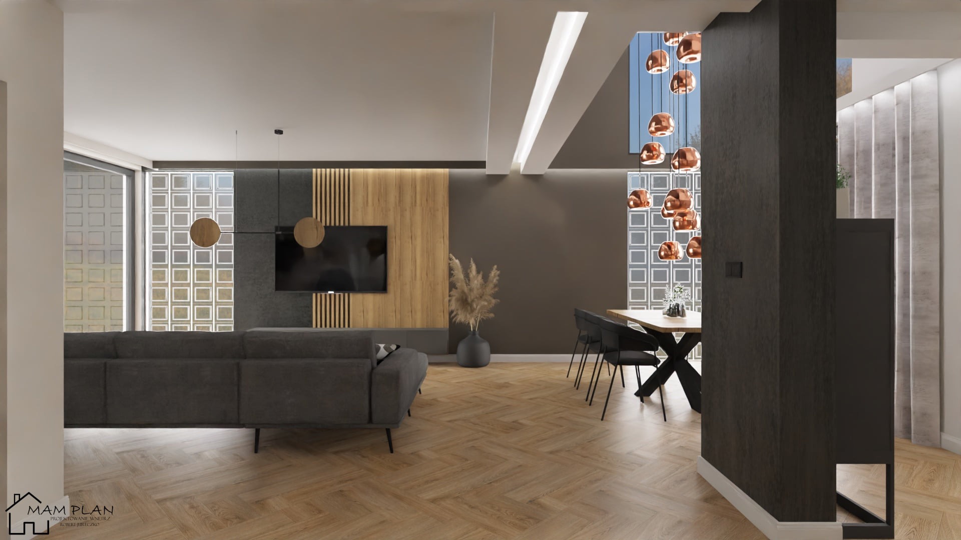 Nowoczesny salon z parkietem w jodełkę, szarą sofą, ścianą z drewnianymi lamelami i telewizorem, oraz wiszącymi lampami miedzianymi, widziany z perspektywy wejścia.