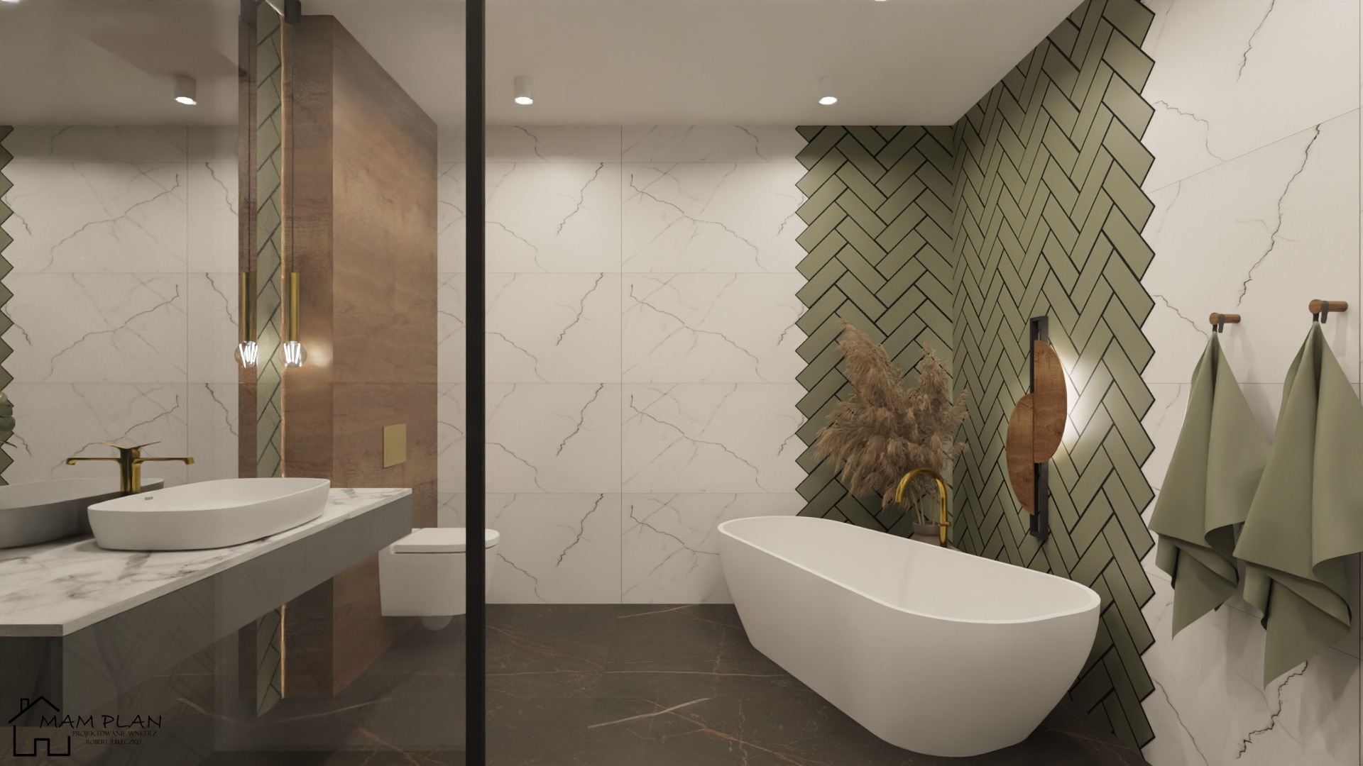 Wizualizacja łazienki z białą wanną wolnostojącą, umywalką nablatową na marmurowym blacie, zieloną mozaiką ułożoną w jodełkę oraz ręcznikami w odcieniu oliwkowym.