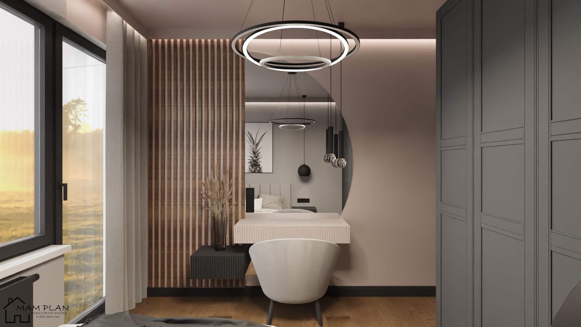 Nowoczesna sypialnia z toaletką z okrągłym lustrem, drewnianą ścianką działową i wiszącą lampą pierścieniową, widok na krajobraz za oknem.