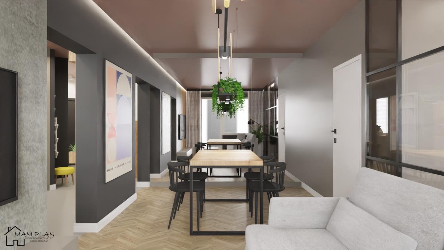 Wizualizacja przestronnego salonu z jadalnią, z drewnianą podłogą w jodełkę, szarymi ścianami, nowoczesnym oświetleniem z wiszącymi roślinami i minimalistycznymi meblami w odcieniach szarości...