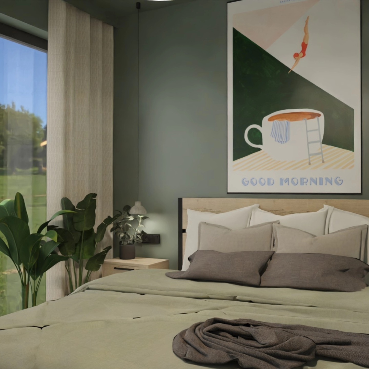 Sypialnia w odcieniach zieleni z łóżkiem z drewnianym zagłówkiem, białymi poduszkami, szarymi narzutami, roślinami doniczkowymi przy oknie i plakatem 'Good Morning' na ścianie.