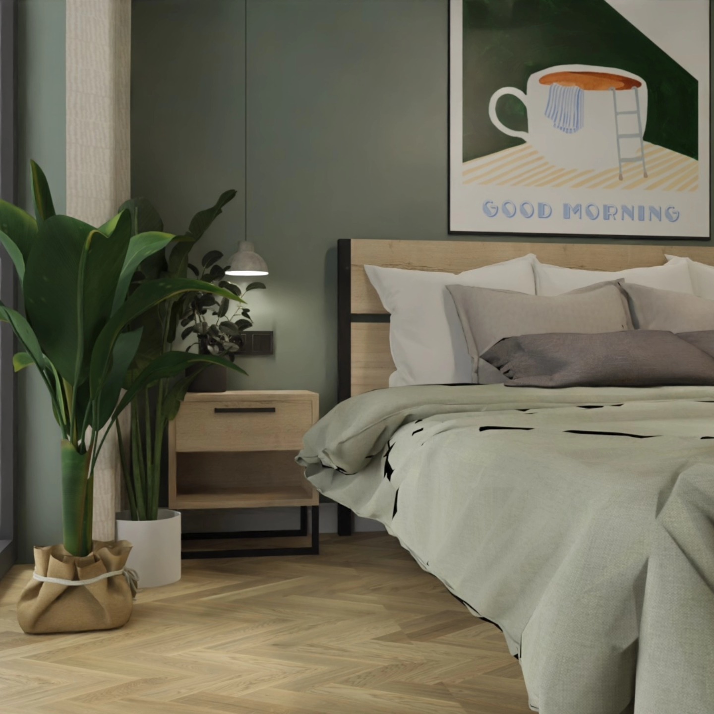 Nowoczesna sypialnia w odcieniach zieleni i beżu z parkietem w jodełkę, łóżkiem z drewnianym zagłówkiem, roślinami doniczkowymi i minimalistycznym plakatem 'Good Morning' nad łóżkiem.