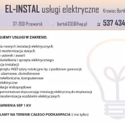 Reklama firmy EL-INSTAL oferującej usługi elektryczne, z listą oferowanych usług, adresem, e-mailem i numerem telefonu na jasnym tle z symbolem żarówki.