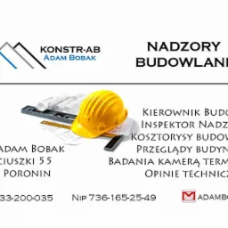 Wizytówka firmy budowlanej z logo, adresem, numerem telefonu, adresem e-mail oraz hasłami: nadzory budowlane, kierownik budowy, inspektor nadzoru, kosztorysy budowlane, przeglądy budynków, badania...