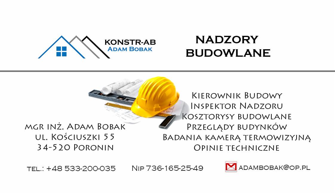 Wizytówka firmy budowlanej z logo, adresem, numerem telefonu, adresem e-mail oraz hasłami: nadzory budowlane, kierownik budowy, inspektor nadzoru, kosztorysy budowlane, przeglądy budynków, badania...