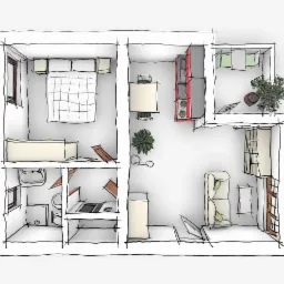Szkic odręczny rzutu mieszkania z góry, prezentujący układ pomieszczeń, rozmieszczenie mebli i wyposażenia, w tym łóżka, sofy, stołu, krzeseł, szaf i roślin doniczkowych.