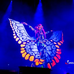 Elite Music Julian Dziewulski - Artystka w kostiumie motyla UV na scenie, oświetlona niebieskim światłem. Fluorescencyjne wzory na ciele i skrzydłach. Pokaz UV Show podczas eventu.