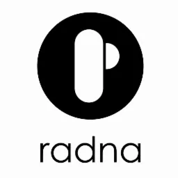 Czarno-białe logo firmy 'radna' z okrągłym symbolem przypominającym literę 'P' wewnątrz czarnego okręgu.
